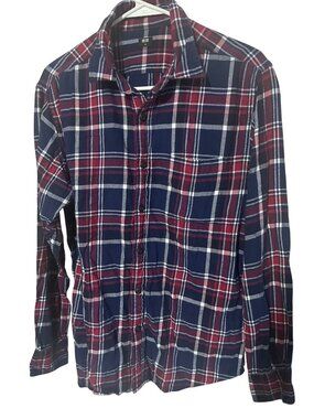 Uniqlo blue red and white plaid button up shirt size M
